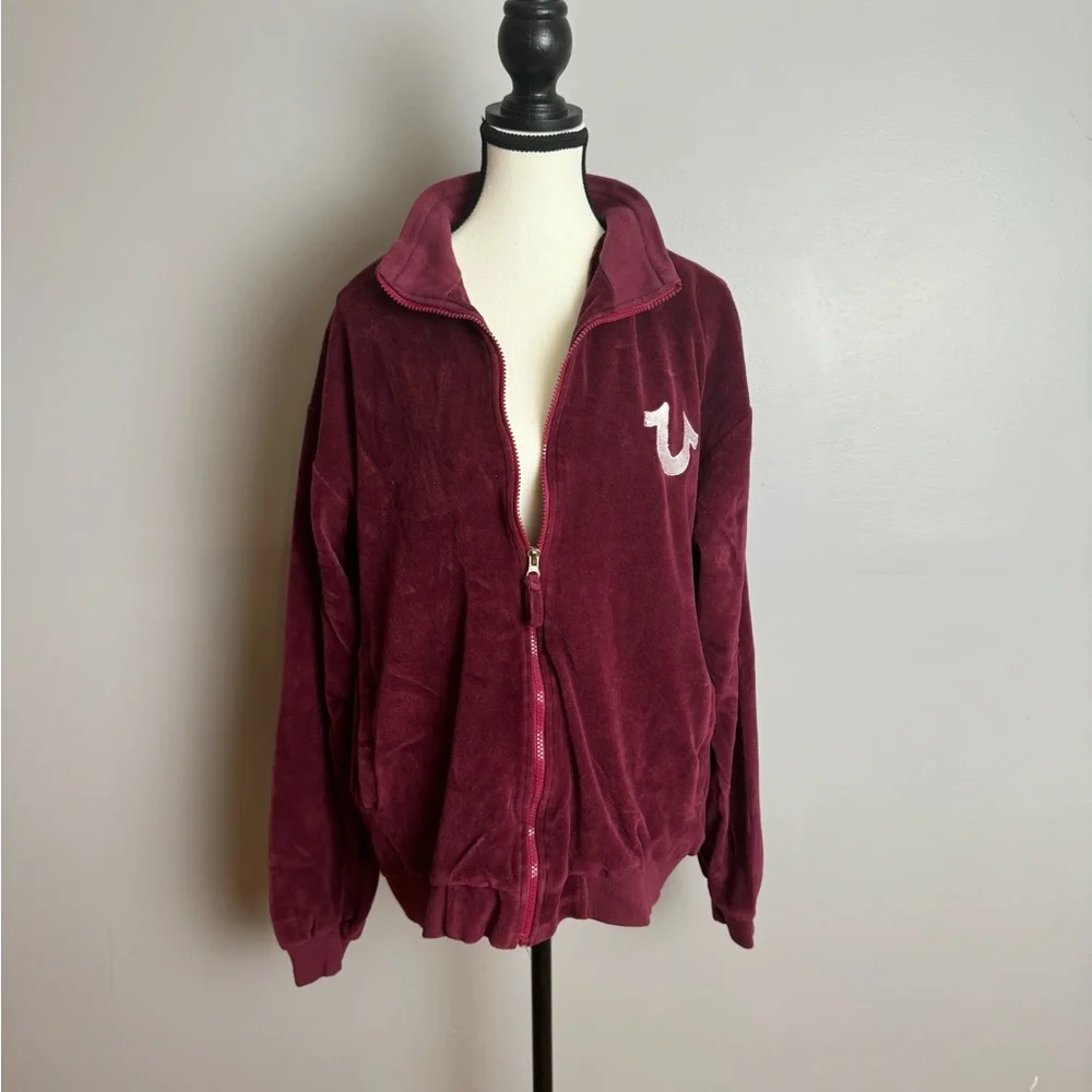 True Religion unisex burgundy velour zip up collared sweatshirt size large - Picture 6 of 8